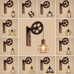 HEIKESZ LOFT Industrial Wind Wall Lamp Restaurant and Cafe Leisure Bar Creative Pulley Lamp American Retro Bar Decoration Wall Lamp LED Light for Bedroom Night Aesthetic Room Lamp