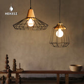 HEIKESZ Nordic Simple Iron Cage Chandelier Restaurant and Cafe Bar Bedroom Study Aisle Corridor Modern Wrought Iron Solid Wood Lamp LED Light for Bedroom Night Aesthetic Room Lamp