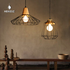 HEIKESZ Nordic Simple Iron Cage Chandelier Restaurant and Cafe Bar Bedroom Study Aisle Corridor Modern Wrought Iron Solid Wood Lamp LED Light for Bedroom Night Aesthetic Room Lamp