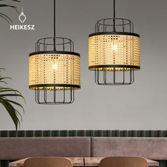 HEIKESZ Southeast Asian Rattan Ceiling Light Handwoven Lantern Modern Minimalist Creative Iron Art Chandelier for Dining Room Japanese Style Lighting