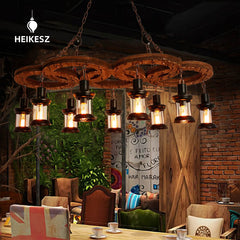 HEIKESZ Loft industrial style retro nostalgic bar chandelier solid wood bar clothing store creative five-ring chandelier