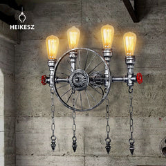 HEIKESZ LOFT Industrial Wind Wheel Wall Light Guest Restaurant and Cafe Bar Counter Creative American Retro Iron Art Decorative Wall Lamp LED Light for Bedroom Night Aesthetic Room Lamp
