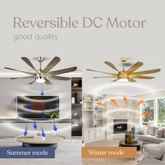 HEIKESZ 60 Inch Ceiling Fan with Light 8 ABS Blades Modern Silver Quiet High Wind Power for Living Room Dining Room Cross Border