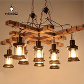 HEIKESZ Exclusive for Cross-Border American Retro Industrial Style Chandelier Dining Room/Living Room Coffee Shop Bar Counter Creative Solid Wood Ceiling Lamp LED Light for Bedroom Night Aesthetic Room Lamp