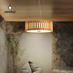 HEIKESZ Japanese Wooden Ceiling Light LED Round Pendant Lamp for Dining Room Bedroom Tatami Tea Living Room Study