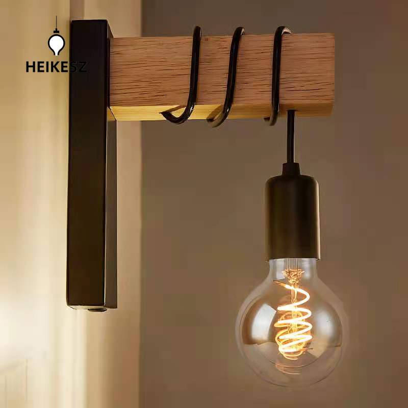 HEIKESZ Modern simple retro wall lamp bedroom living room bedside lamp creative personality wrought iron wood Nordic wall lamp stair lamp