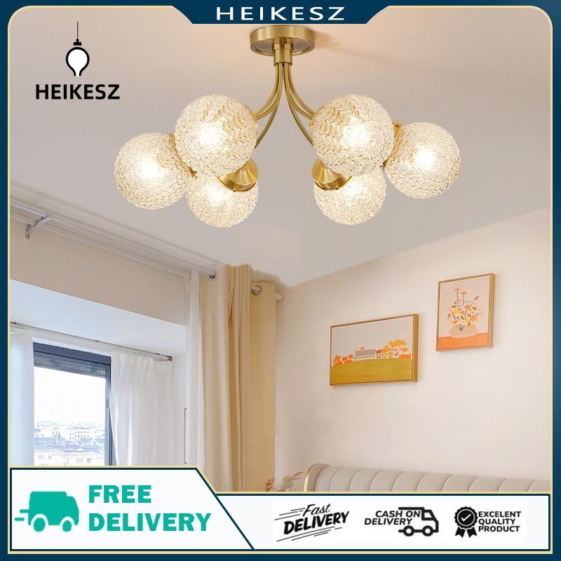 HEIKESZ French light luxury bedroom ceiling lamp American medieval vintage living room lamp dining room study all copper glass chandelier lamp light fixtures for celling lights