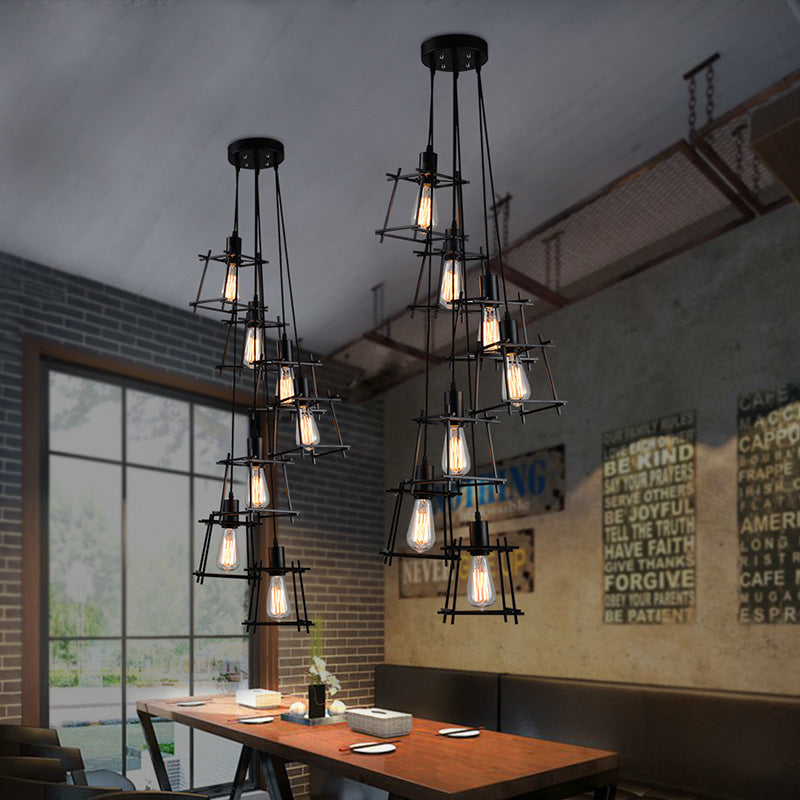 HEIKESZ American Retro Industrial Style Iron Cage Chandelier Living Room Dining Room Coffee Shop Bar Internet Coffee Clothing Shop Small Rubik's Cube Lights LED Light for Bedroom Night Aesthetic Room Lamp