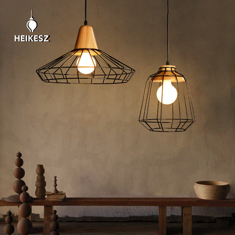 HEIKESZ Nordic Simple Iron Cage Chandelier Restaurant and Cafe Bar Bedroom Study Aisle Corridor Modern Wrought Iron Solid Wood Lamp LED Light for Bedroom Night Aesthetic Room Lamp