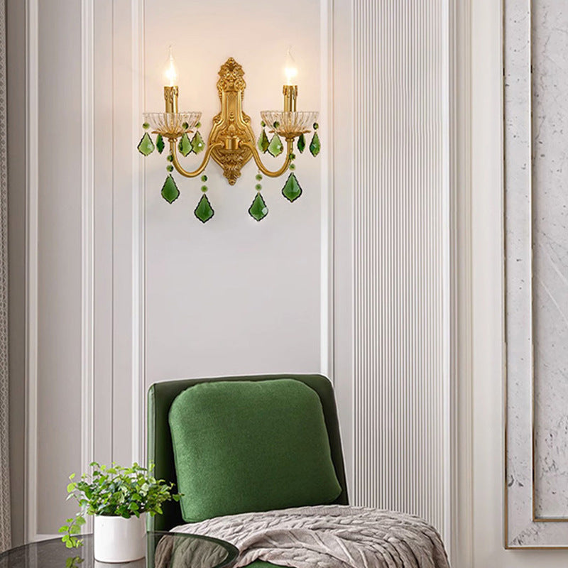 HEIKESZ Vintage American Brass Wall Light with Crystal for Living Room Bedroom Study French Luxury Sconce Candle Lamp