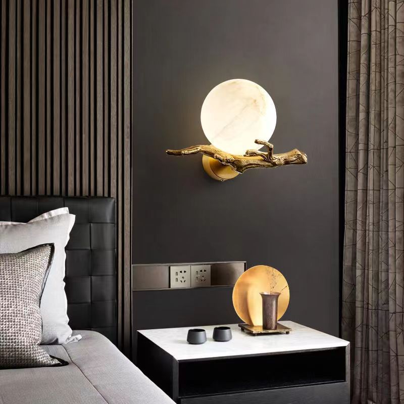 HEIKESZ Chinese Style Copper Marble Wall Lamp Luxury Creative Design for Living Room Bedroom Tea Room Background Wall Lighting