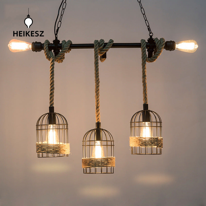 HEIKESZ American Industrial Style Water Pipe Pendant Lamp Restaurant Coffee Shop Creative Rope Light Bar Loft Retro Iron Art Pendant Lamp LED Light for Bedroom Night Aesthetic Room Lamp