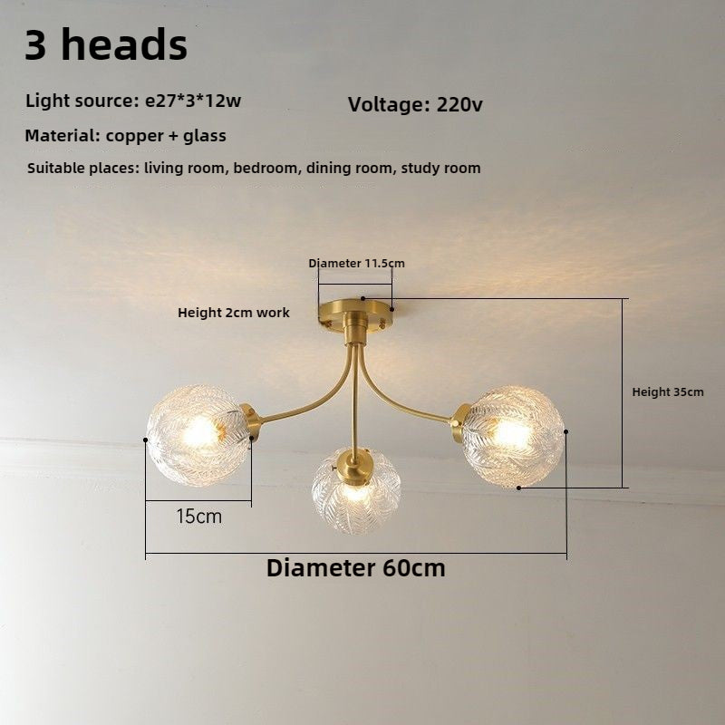 HEIKESZ French light luxury bedroom ceiling lamp American medieval vintage living room lamp dining room study all copper glass chandelier lamp light fixtures for celling lights