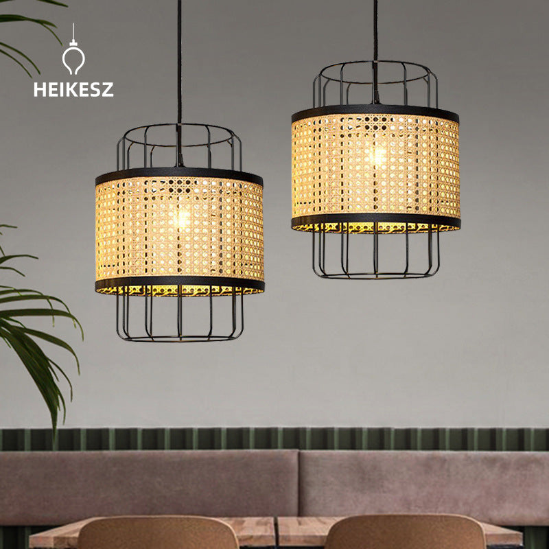 HEIKESZ Southeast Asian Rattan Ceiling Light Handwoven Lantern Modern Minimalist Creative Iron Art Chandelier for Dining Room Japanese Style Lighting
