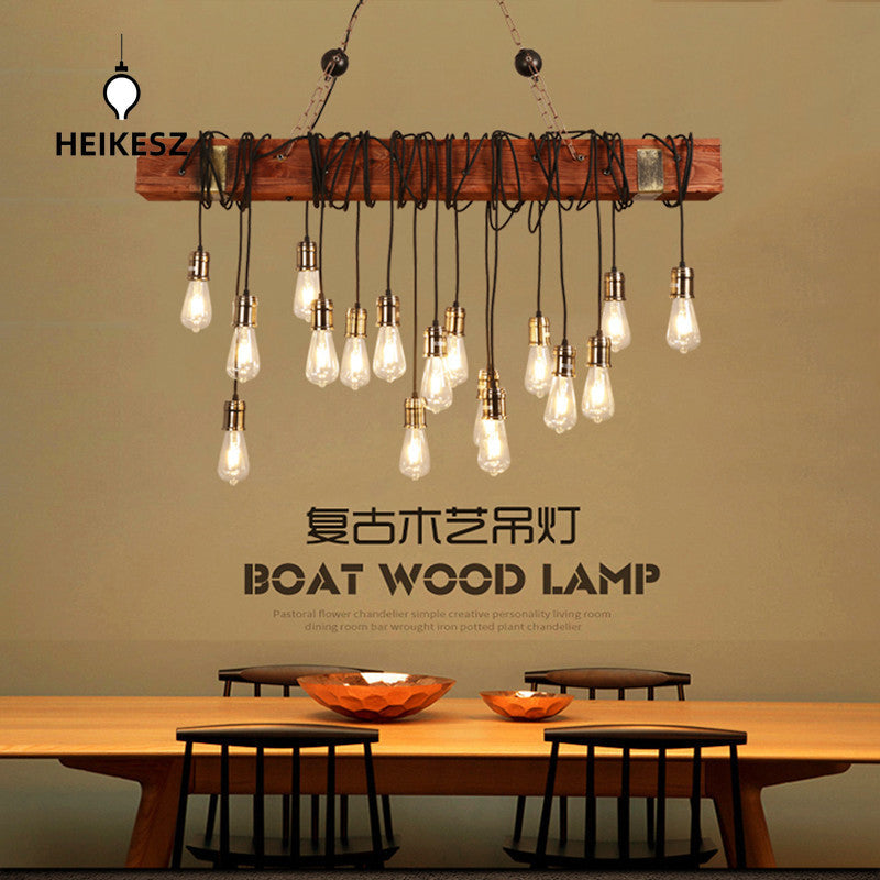 HEIKESZ American Retro Industrial Style Chandelier Restaurant Bar Bar Table Restaurant Lamps Balsa Boat Wood Distressed Strip Multi-Head Light LED Light for Bedroom Night Aesthetic Room Lamp