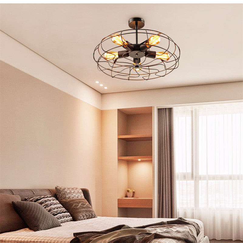 HEIKESZ LOFT Industrial Style Guest Dining Cafe Chandelier American Retro Iron Art Fan Ceiling Lamp Bar Counter Net Coffee Pendant Lamp LED Light for Bedroom Night Aesthetic Room Lamp