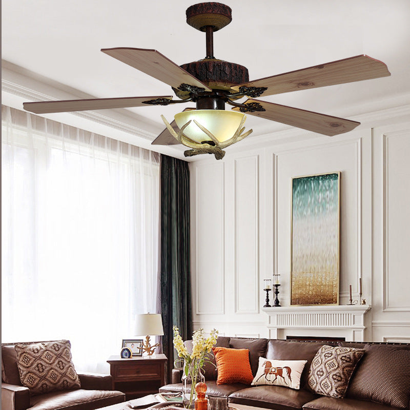 HEIKESZ Vintage American Ceiling Fan Light with Wood Blades Energy Saving Silent Motor Nordic Style for Living Room Dining Room Home Decor