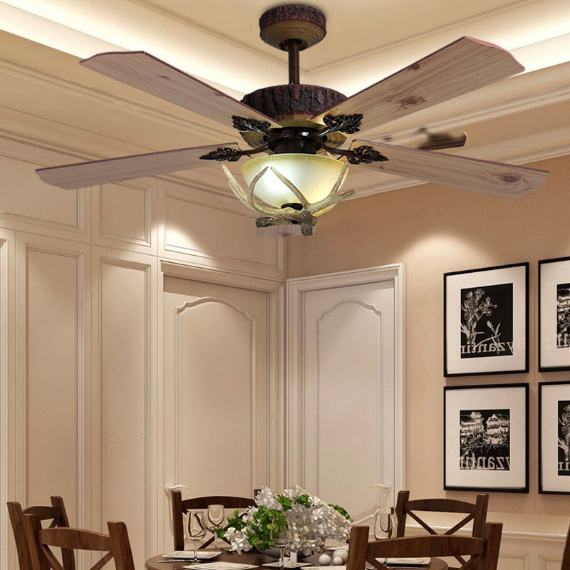 HEIKESZ Vintage American Ceiling Fan Light with Wood Blades Energy Saving Silent Motor Nordic Style for Living Room Dining Room Home Decor