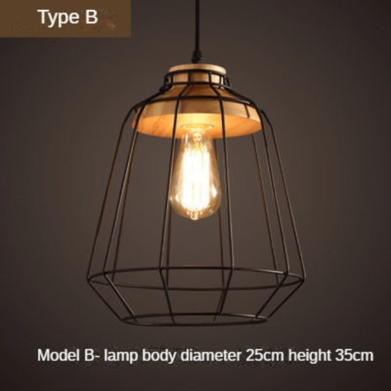 HEIKESZ Nordic Simple Iron Cage Chandelier Restaurant and Cafe Bar Bedroom Study Aisle Corridor Modern Wrought Iron Solid Wood Lamp LED Light for Bedroom Night Aesthetic Room Lamp