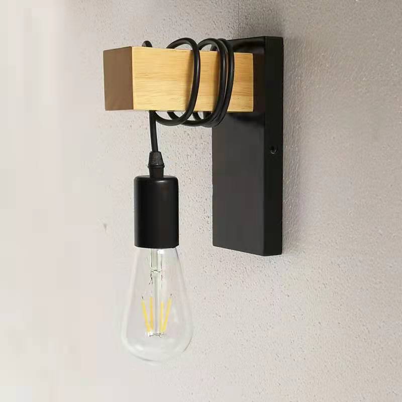 HEIKESZ Modern simple retro wall lamp bedroom living room bedside lamp creative personality wrought iron wood Nordic wall lamp stair lamp