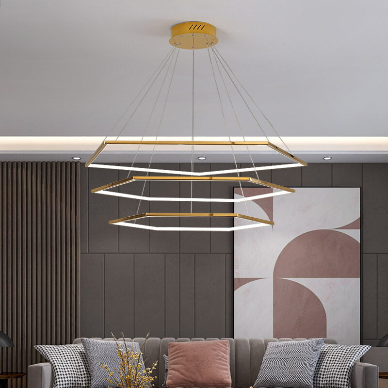 HEIKESZ Post-Modern Geometric Designer Golden Mirror Hexagonal Chandelier Luxury Stainless Steel Industrial Style Warm Light for Living Room Bedroom Ceiling Lighting