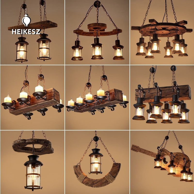 HEIKESZ American retro industrial style restaurant ship wood chandelier creative bar hotel box nostalgic wood lamps