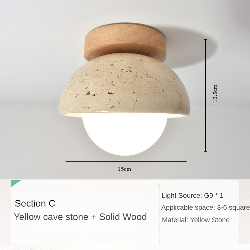HEIKESZ Yellow Cave Stone Lamp Japanese Style Wooden Wabi Sabi Ceiling Light Retro Medieval Cream Wind Porch Balcony Corridor Aisle LED Light for Room