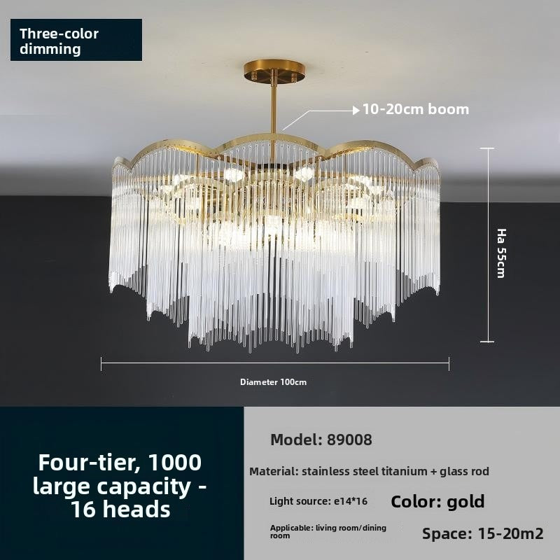 HEIKESZ Italian Luxury Stainless Steel Glass Rod Chandelier Modern Minimalist Living Room Ceiling Light with Tassel Dining Room Pendant Lamp