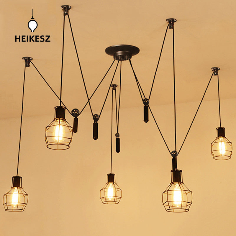 HEIKESZ Retro Industrial Style Iron Cage Pendant Lamp Dining Room Cafe Bar Counter Creative Head Multi-Day Female Loose Flower Pulley Pendant Lamp LED Light for Bedroom Night Aesthetic Room Lamp