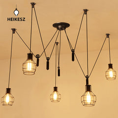 HEIKESZ Retro Industrial Style Iron Cage Pendant Lamp Dining Room Cafe Bar Counter Creative Head Multi-Day Female Loose Flower Pulley Pendant Lamp LED Light for Bedroom Night Aesthetic Room Lamp