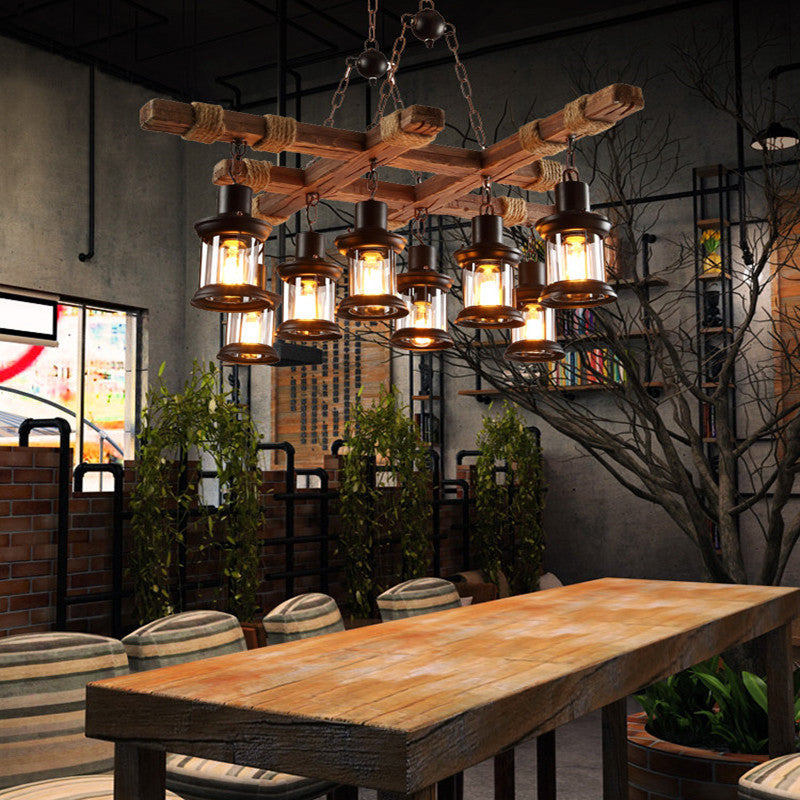 HEIKESZ Exclusive for Cross-Border American Retro Industrial Style Chandelier Dining Room/Living Room Coffee Shop Bar Counter Creative Solid Wood Ceiling Lamp LED Light for Bedroom Night Aesthetic Room Lamp