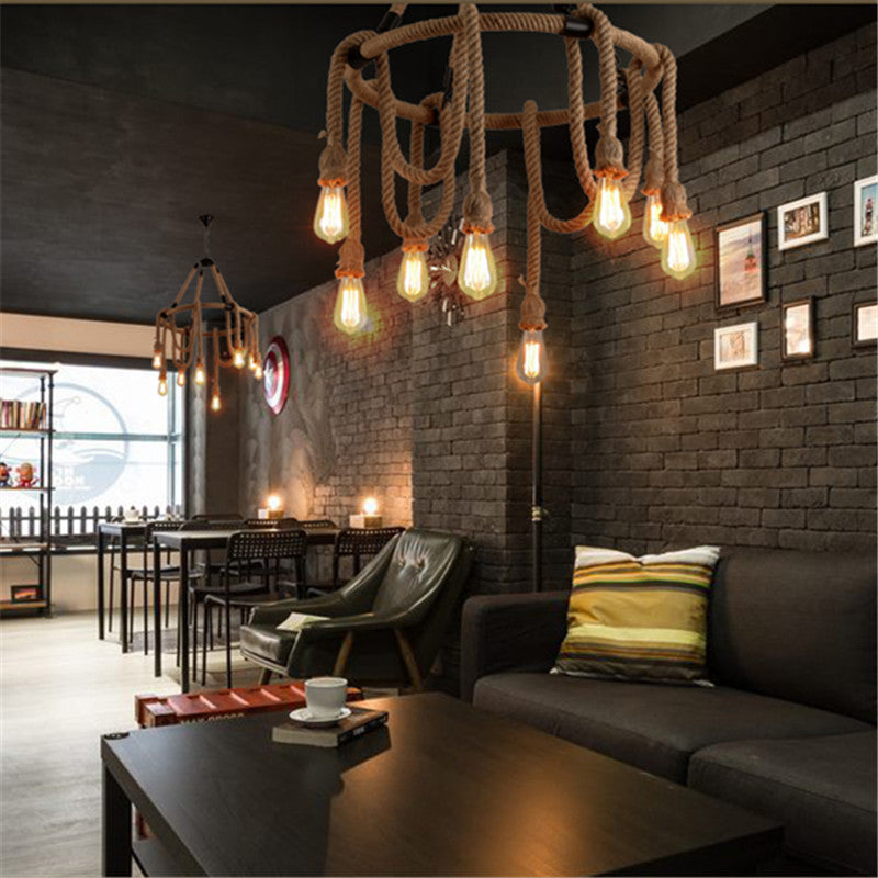 HEIKESZ Retro Industrial Wind Rope Pendant Lamp Restaurant Coffee Shop American Country Internet Coffee Clothing Store Snack Milk Tea Shop Pendant Lamp LED Light for Bedroom Night Aestitic Room Lamp