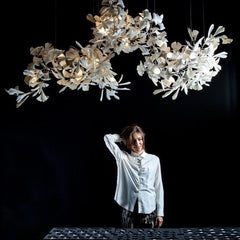 HEIKESZ Artistic Ceramic Ginkgo Leaf Chandelier Modern Copper Lighting for Living Room Office Staircase Bar Counter