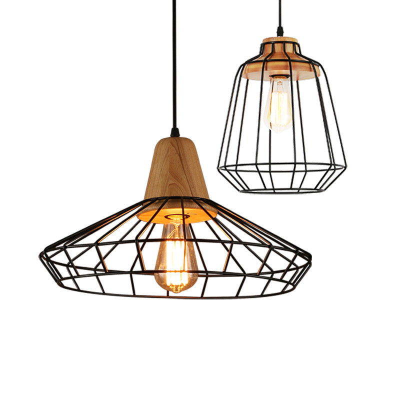 HEIKESZ Nordic Simple Iron Cage Chandelier Restaurant and Cafe Bar Bedroom Study Aisle Corridor Modern Wrought Iron Solid Wood Lamp LED Light for Bedroom Night Aesthetic Room Lamp