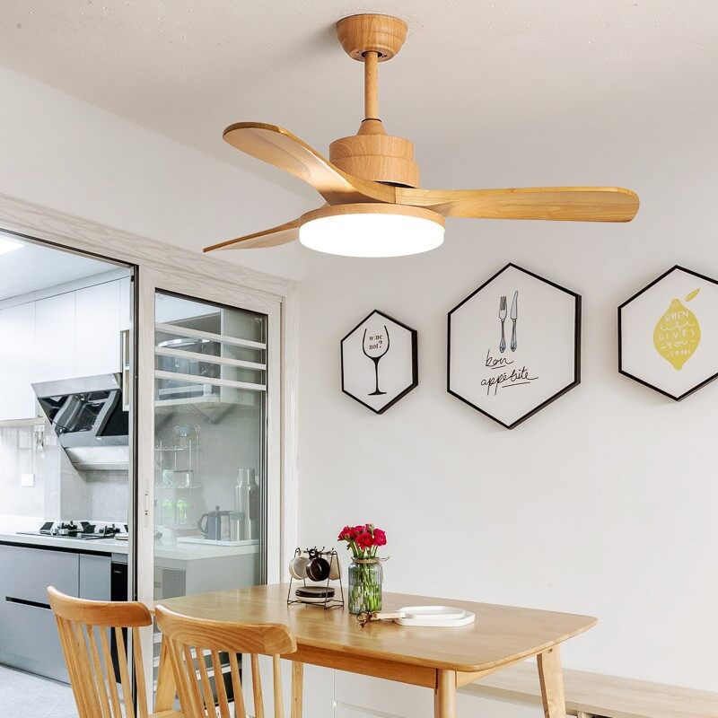HEIKESZ Modern Nordic Style 32 to 60 Inch Solid Wood Ceiling Fan with LED Light and Remote Control for Home Office