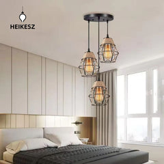 HEIKESZ Vintage Rope Crystal Diamond Iron Cage Ceiling Light Industrial Style Pendant Lamp for Living Room Bedroom Bar Cafe