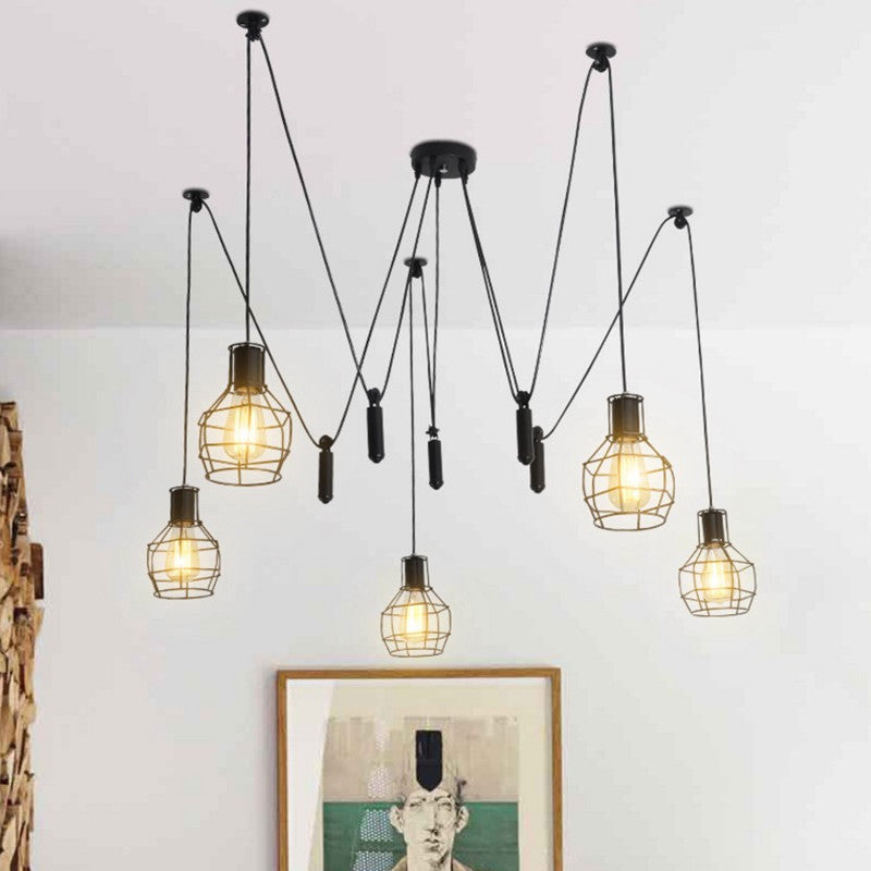 HEIKESZ Retro Industrial Style Iron Cage Pendant Lamp Dining Room Cafe Bar Counter Creative Head Multi-Day Female Loose Flower Pulley Pendant Lamp LED Light for Bedroom Night Aesthetic Room Lamp