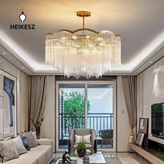 HEIKESZ Italian Luxury Stainless Steel Glass Rod Chandelier Modern Minimalist Living Room Ceiling Light with Tassel Dining Room Pendant Lamp