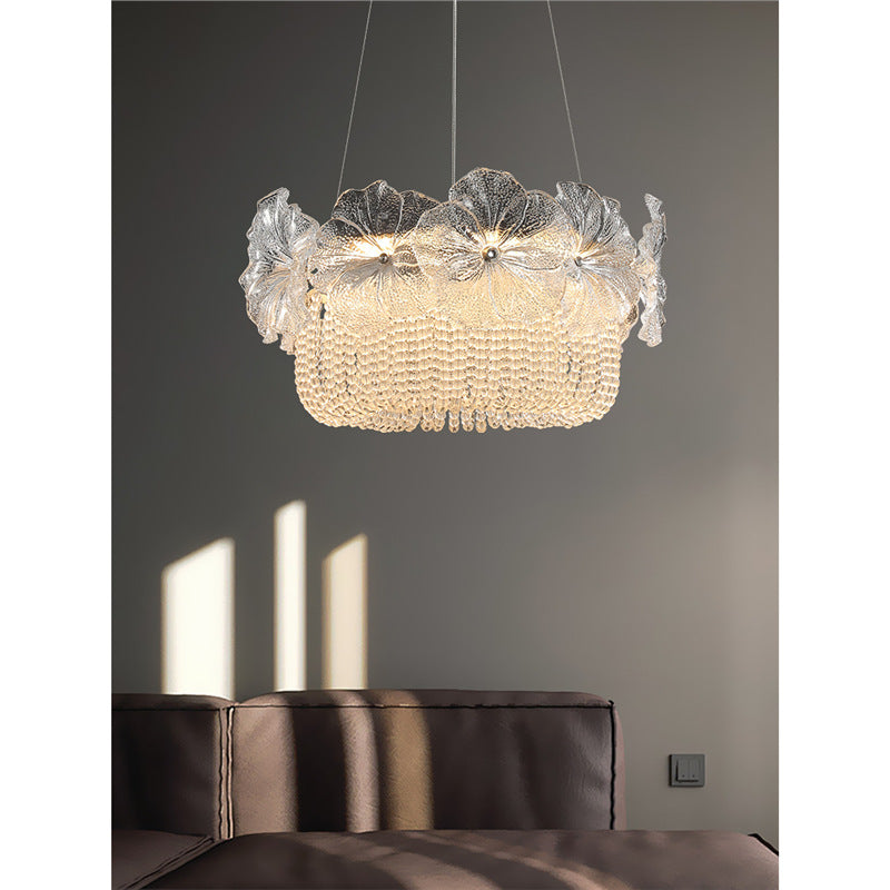 HEIKESZ Full Spectrum French Luxury Crystal Flower Ceiling Light for Living Room Bedroom Dining Room Glass Design