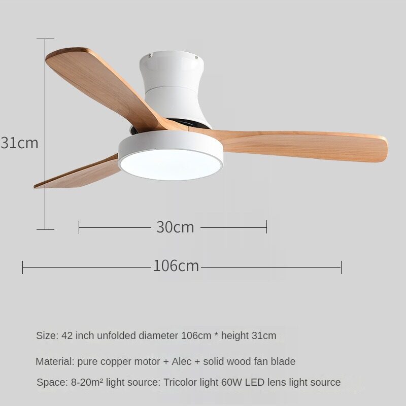 HEIKESZ Nordic Solid Wood Fan Lamp Large Wind Ceiling Fan for Dining Room Living Room Simple Mute Design