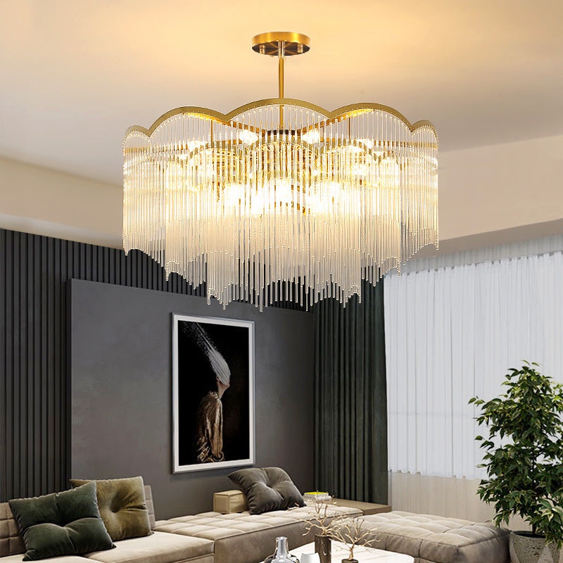 HEIKESZ Italian Luxury Stainless Steel Glass Rod Chandelier Modern Minimalist Living Room Ceiling Light with Tassel Dining Room Pendant Lamp