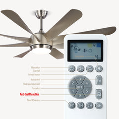 HEIKESZ 60 Inch Ceiling Fan with Light 8 ABS Blades Modern Silver Quiet High Wind Power for Living Room Dining Room Cross Border