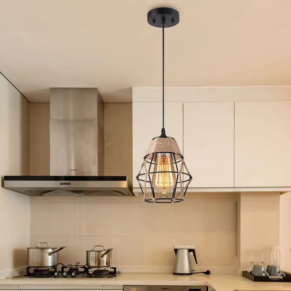HEIKESZ Vintage Rope Crystal Diamond Iron Cage Ceiling Light Industrial Style Pendant Lamp for Living Room Bedroom Bar Cafe