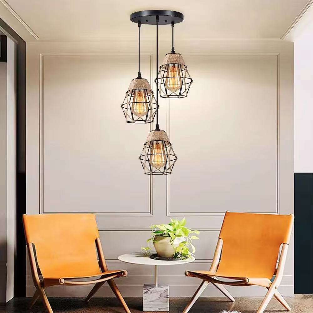 HEIKESZ Vintage Rope Crystal Diamond Iron Cage Ceiling Light Industrial Style Pendant Lamp for Living Room Bedroom Bar Cafe