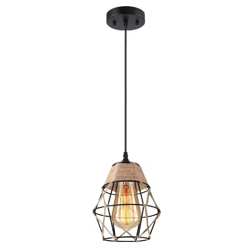 HEIKESZ Vintage Rope Crystal Diamond Iron Cage Ceiling Light Industrial Style Pendant Lamp for Living Room Bedroom Bar Cafe