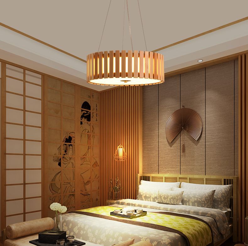 HEIKESZ Japanese Wooden Ceiling Light LED Round Pendant Lamp for Dining Room Bedroom Tatami Tea Living Room Study