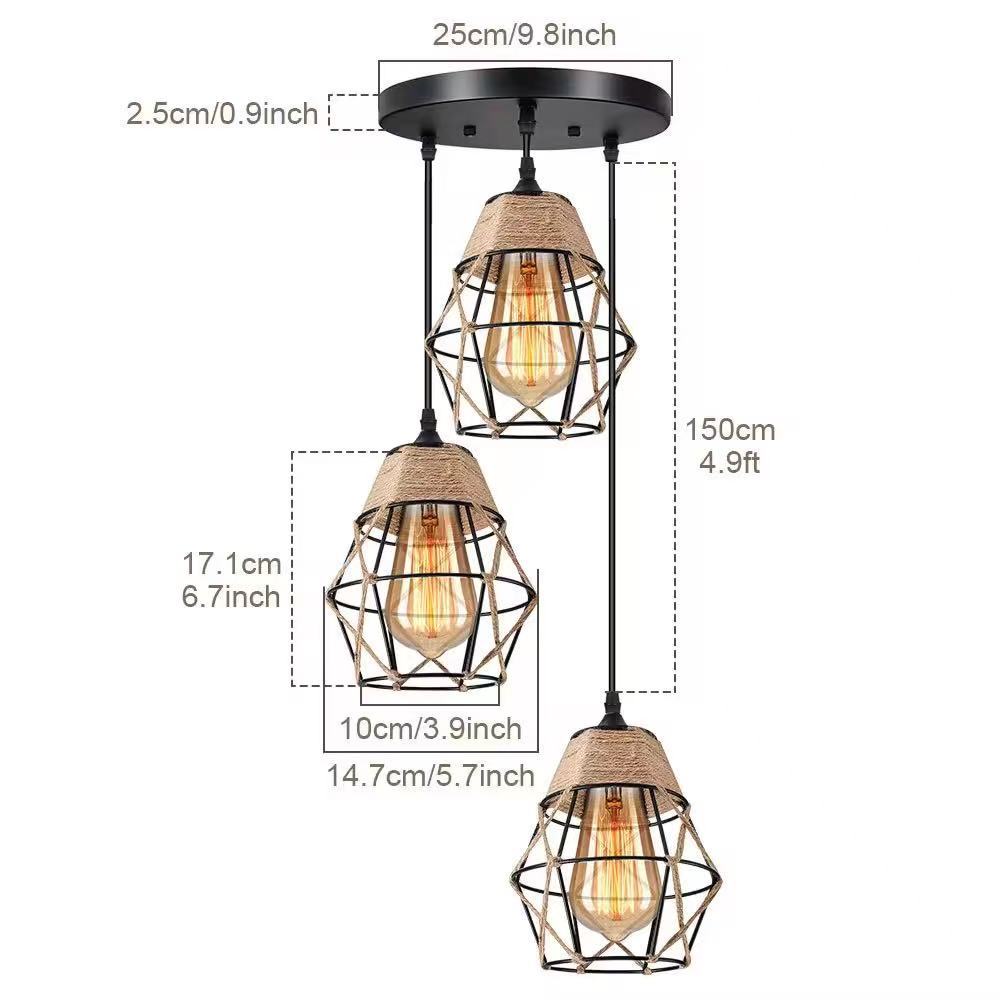 HEIKESZ Vintage Rope Crystal Diamond Iron Cage Ceiling Light Industrial Style Pendant Lamp for Living Room Bedroom Bar Cafe