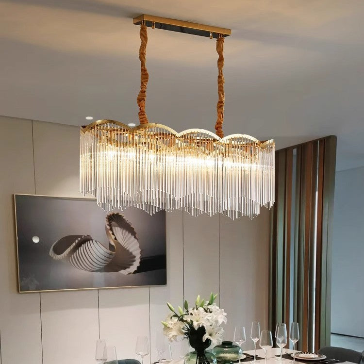 HEIKESZ Italian Luxury Stainless Steel Glass Rod Chandelier Modern Minimalist Living Room Ceiling Light with Tassel Dining Room Pendant Lamp