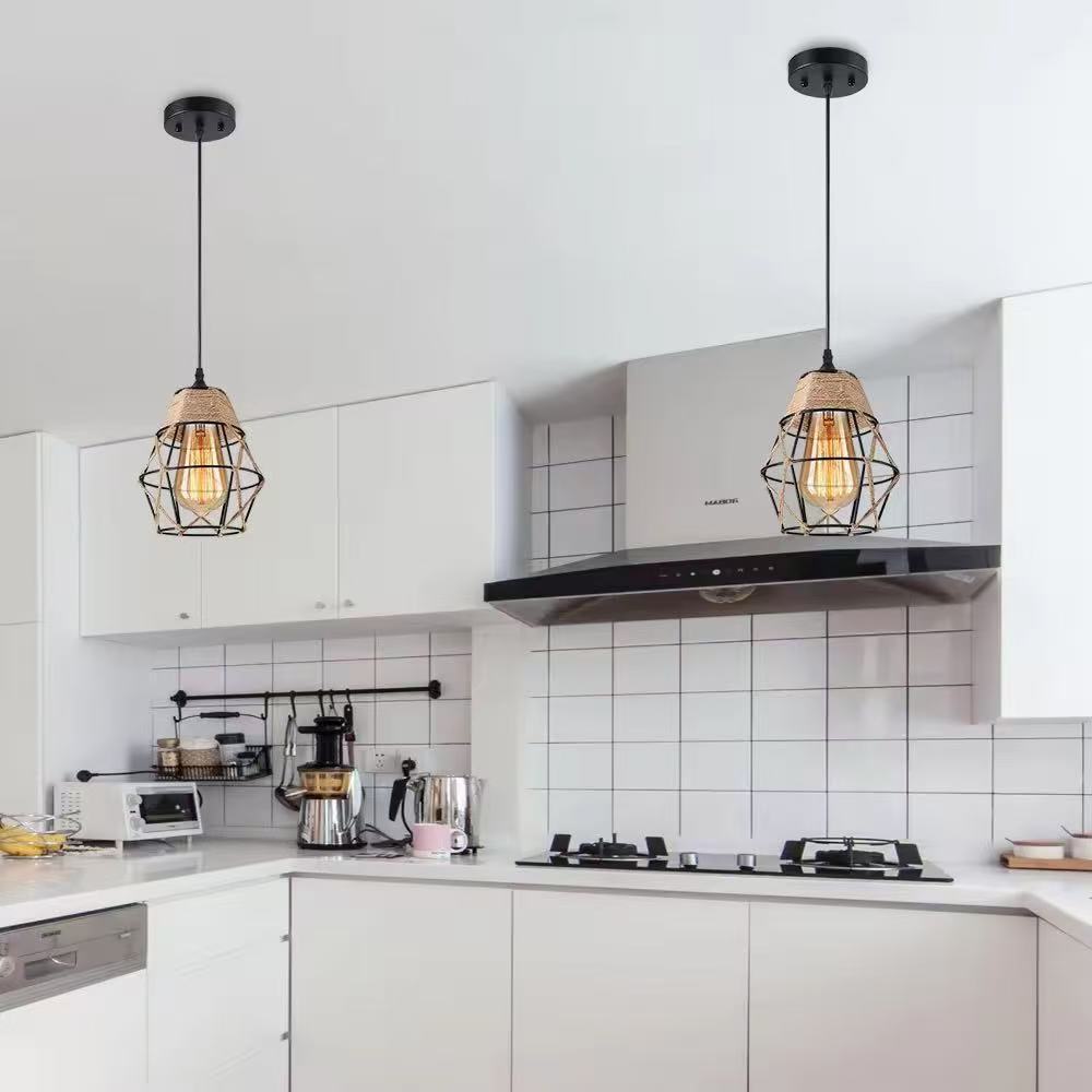 HEIKESZ Vintage Rope Crystal Diamond Iron Cage Ceiling Light Industrial Style Pendant Lamp for Living Room Bedroom Bar Cafe