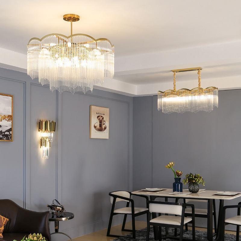 HEIKESZ Italian Luxury Stainless Steel Glass Rod Chandelier Modern Minimalist Living Room Ceiling Light with Tassel Dining Room Pendant Lamp